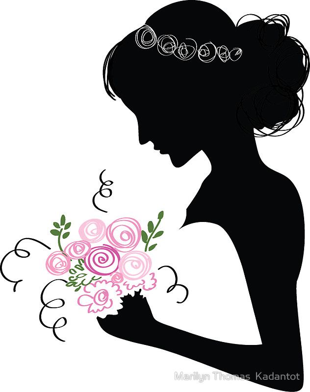 the silhouette of a woman holding a bouquet of flowers with swirls in her hair