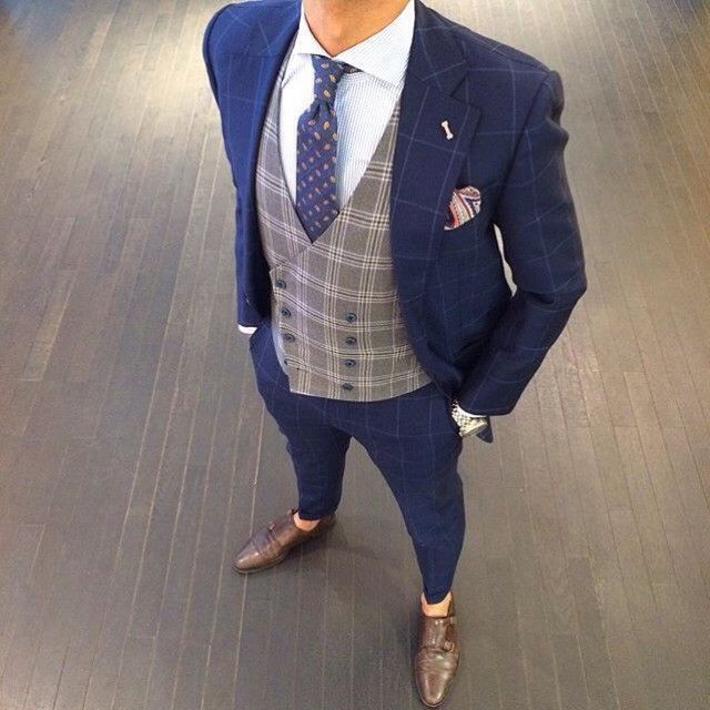 #menswear #menstyle #suit #checkered #plaid #vest Checkered Suit Men, Blue Checkered Suit, Vest Groom, Mens Formal Fashion, Navy Check Suit, Blue Check Suit, Checkered Vest, Checkered Suit, Blue Suit Men