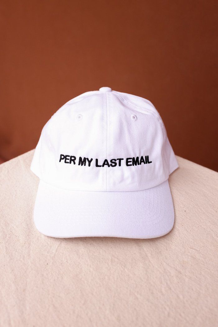 Per my last email embroidered adjustable hat white hat with black writing. One size. Adjustable at back. Hat is Imported. Embroidered in the USA. PIPE AND ROW White Letter Print Trucker Hat With Curved Brim, White Letter Print Curved Brim Trucker Hat, White Trucker Hat With Letter Print And Curved Brim, Adjustable White Baseball Cap With Letter Print, White Trucker Hat With Letter Print And Flat Brim, White Trucker Hat With Letter Print, White Hat With Letter Print, One Size, White Cotton Dad Hat With Flat Brim, White Cotton Flat Brim Dad Hat