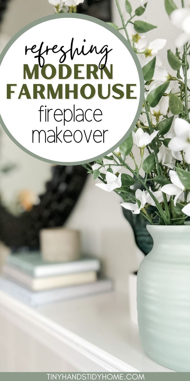 Flowers and books on a fireplace mantel. The text over the image reads, "Refreshing modern farmhouse fireplace makeover". 2023 Mantle Trends, Fireplace Mantle Decor Modern Farmhouse, Mantle Decor Modern Farmhouse, Farmhouse Style Mantle, Simple Neutral Mantle Decor, How To Decorate A Mantle Farmhouse, Floating Mantle Decor, Modern Farmhouse Fireplace Mantel Decor, 2024 Mantle Decor