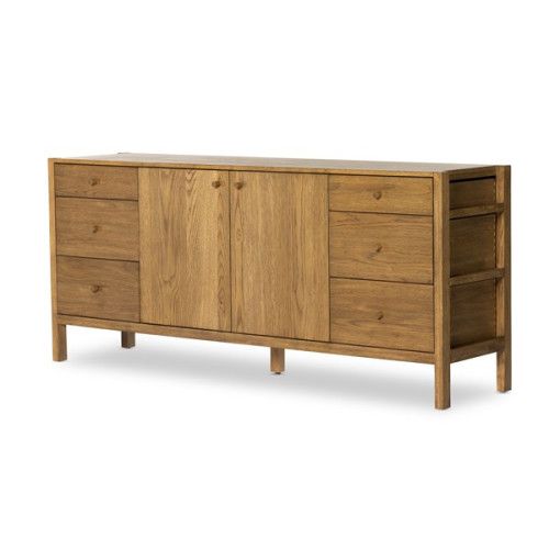 the sideboard is made out of wood and has three drawers on each side, one with