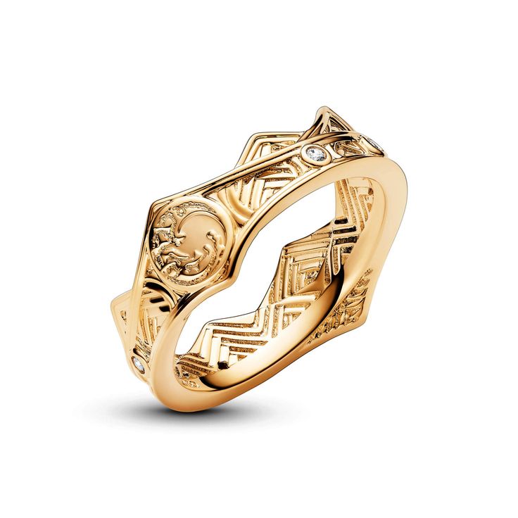 Collect a treasure of an ancient kingdom with the Game of Thrones House of the Dragon Crown Ring. Featuring sparkling stones, arch detailing and the Targaryen sigil � a three-headed dragon symbol � this 14k gold-plated ring harkens back to the legendary Targaryen family's royal roots in the Seven Kingdoms. For fans who want to incorporate their fandom into their everyday style, this ornate ring creates a visually interesting contrast to simpler stackable Pandora rings. Daenerys Targaryen Jewelry, Dragon Crown, Targaryen Sigil, Pandora Stackable Rings, Dragon Symbol, Game Of Thrones Outfits, Rings Pandora, Dragons Crown, Ornate Ring