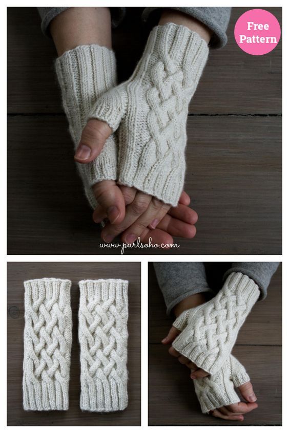 two photos showing the hands and fingers of a woman wearing white knitted gloves