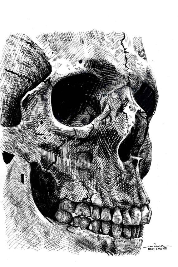 a black and white drawing of a skull