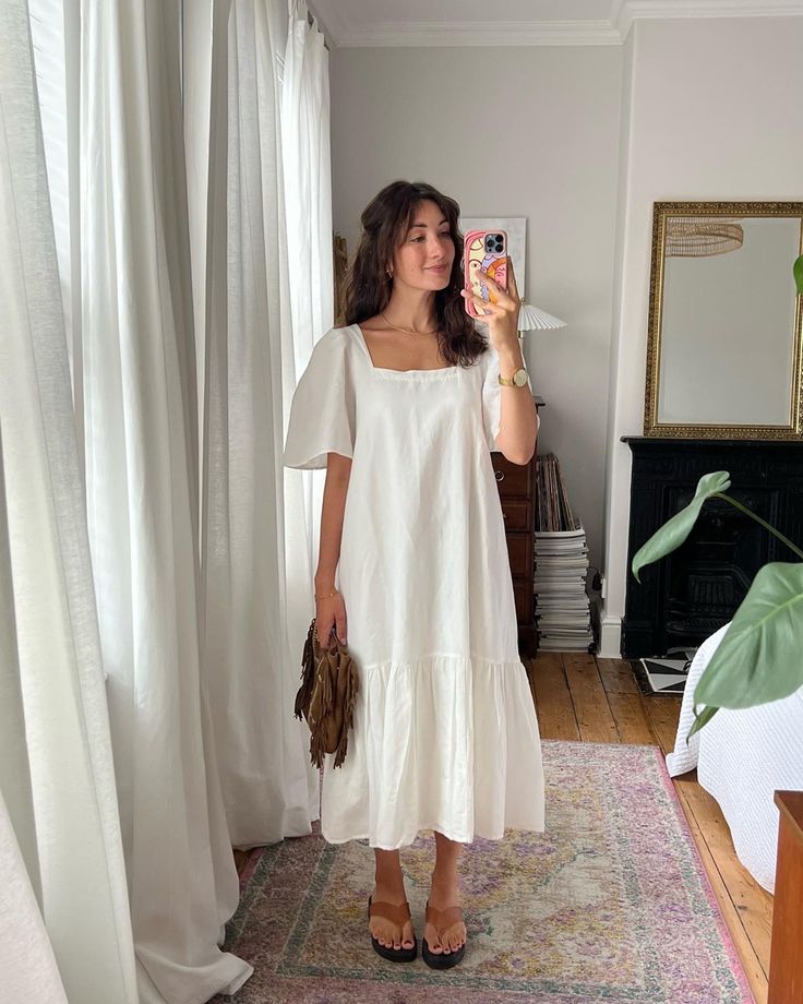 Lds Clothes Outfits, Dresses Trendy Casual Winter, X Line Silhouette Dress, Linen Button Down Dress Outfit, Square Neck Sundress, Easy Modest Outfits, Long Dress Inspo Casual, Flowy Fashion Aesthetic, Wide Dress Outfit