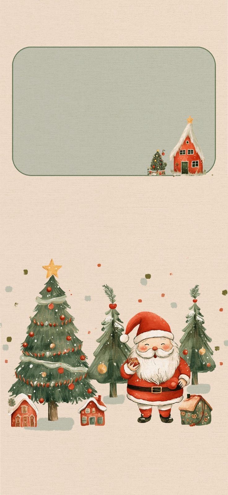 a santa clause is standing in front of some christmas trees and other small houses with presents