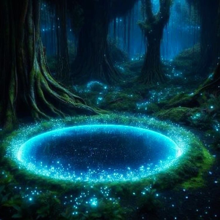 a blue hole in the middle of a forest filled with green moss and glowing lights