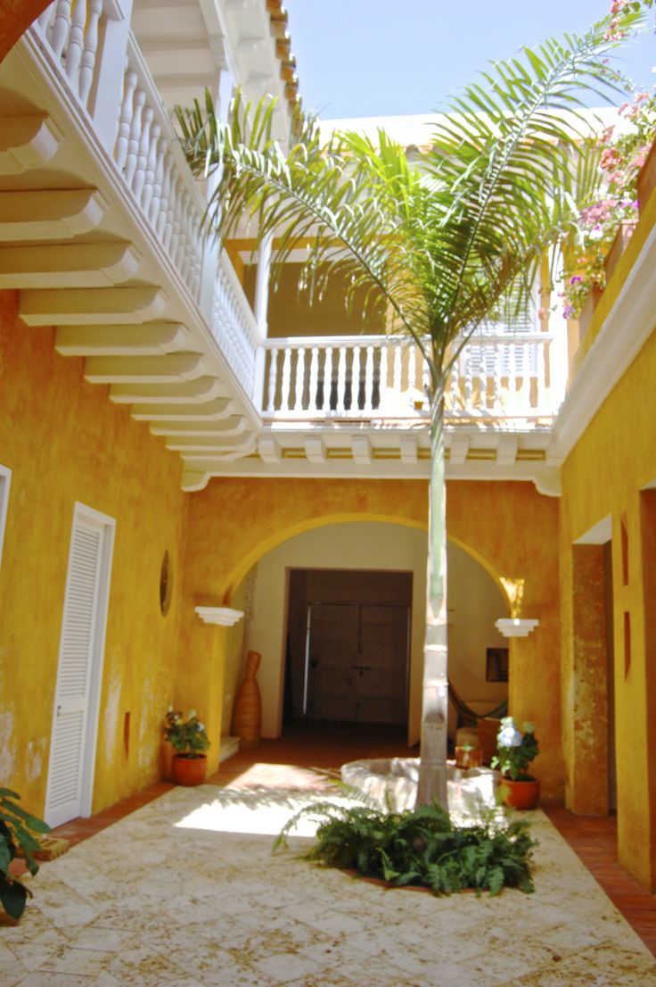 a palm tree is in the middle of a room with yellow walls and white balconies