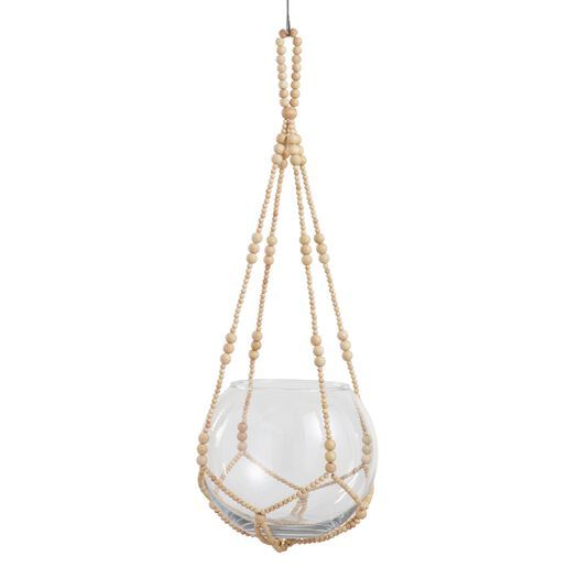 a glass vase with beads hanging from it's side on a roped hanger