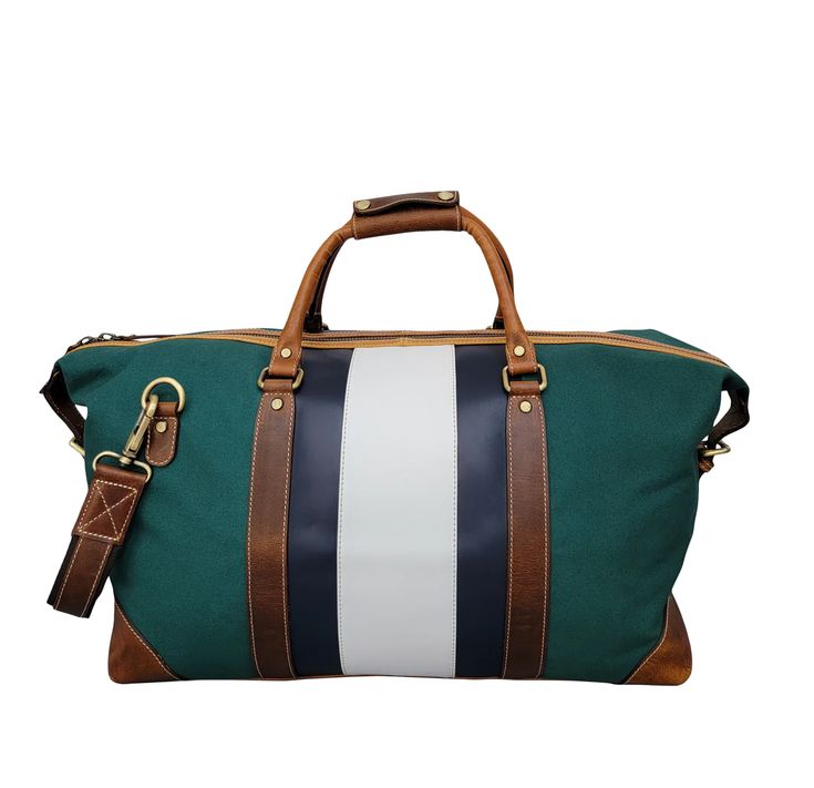 Green Canvas Striped Leather Duffle Bag – FH Wadsworth Canvas Duffel Bag, Canvas Weekender Bag, Leather Duffle Bag, Leather And Canvas, Leather Duffle, Duffel Bags, Blue Camo, Green Camo, Blue Suede