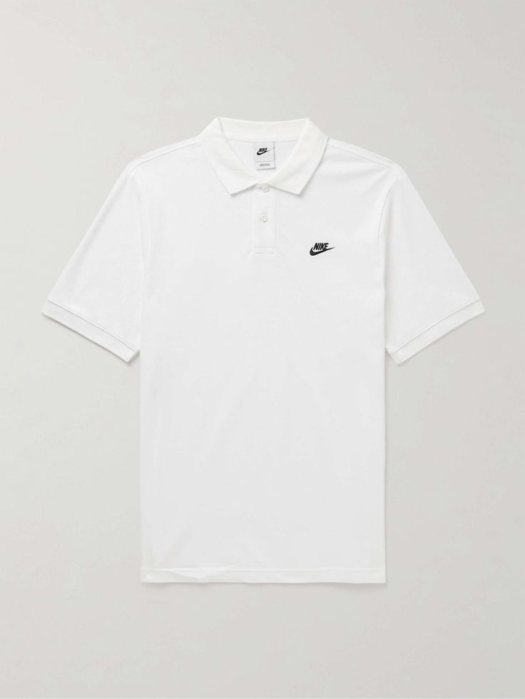 NIKE Club Logo-Embroidered Cotton-Piqué Polo Shirt for Men Classic White Polo Shirt With Embroidered Logo, Sporty Short Sleeve Polo Shirt With Embroidered Logo, White Sporty Polo Shirt With Collared Neckline, Classic Polo Shirt With Embroidered Logo For Streetwear, White Polo Collar T-shirt With Embroidered Logo, White Cotton Polo Shirt With Polo Collar, White Preppy Polo Shirt, Casual White Polo Shirt For College, Casual Tops With Embroidered Logo And Collared Neckline