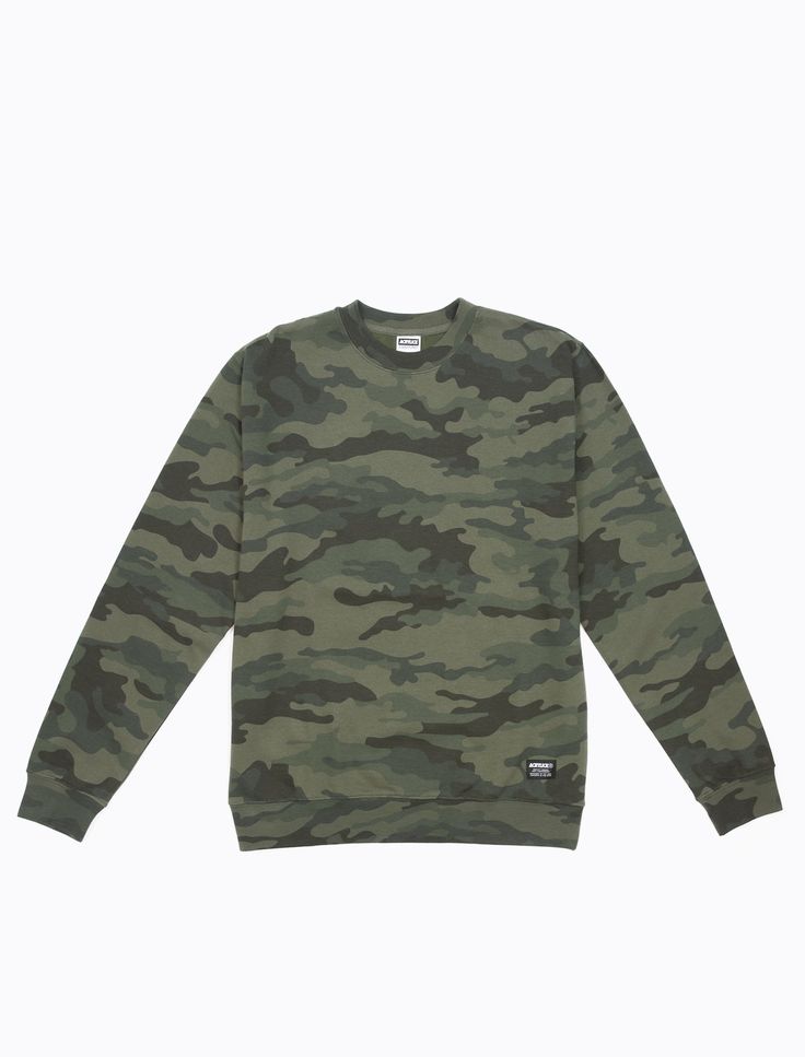 Our New Formation Camo Crewneck Sweater. 8.5 oz (280 gm) Cotton/Polyester blend fleece80% Cotton/20% Polyester. Split stitch double needle sewing on all seam. Twill neck tape. 1x1 ribbing at collar, cuffs and waistbandStandard FitImported. This Item Ships within 2-4 Business Days. Khaki Crew Neck Sweatshirt With Ribbed Cuffs, Winter Khaki Cotton Sweatshirt, Khaki Cotton Outdoor Sweatshirt, Camouflage Cotton Crew Neck Sweatshirt, Fall Camouflage Crew Neck Sweatshirt, Military Style Long Sleeve Sweatshirt For Fall, Camouflage Cotton Sweatshirt For Streetwear, Fall Camouflage Cotton Sweatshirt, Winter Camouflage Cotton Sweatshirt