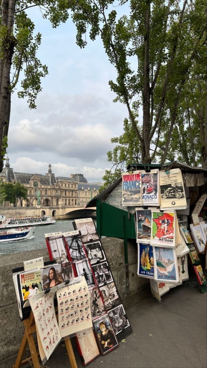 an outdoor market with posters and books on the sidewalk near trees in paris, france