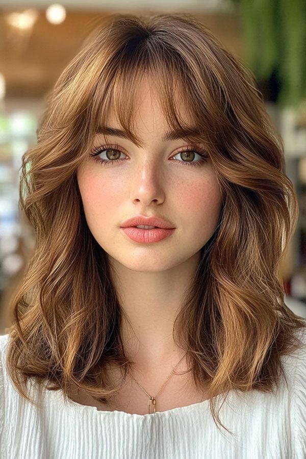 Haircuts Medium Length Bangs, Haircuts With Bangs And Layers Short, Light Layers Shoulder Length, Medium Hair Bangs Wispy, Short Layer With Bangs, Medium Bangs With Medium Hair, Layered Haircut Wispy Bangs, Layer And Bangs Haircut, Shoulder Length Layered Curtain Bangs