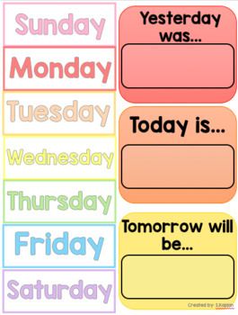 four days of the week stickers in different colors and sizes, with words written on them