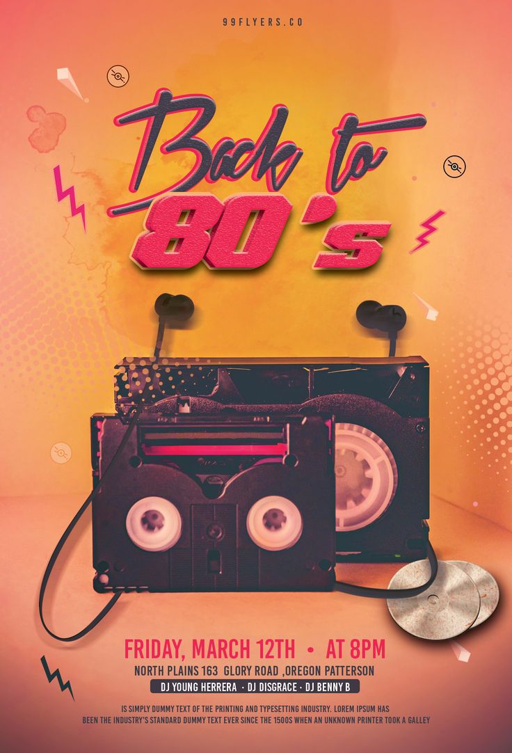 the back to the 80's flyer is shown with an old radio and headphones