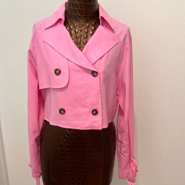 This Gorgeous Jacket Will Be An Awesome Addition To Your Closet!! Can Be Styled Up Or Down. Fabric: 75% Rayon And 25% Linen. Machine Washable. New With Tags!! Trendy Cropped Fitted Outerwear, Trendy Fitted Cropped Outerwear, Chic Long Sleeve Cropped Jacket For Spring, Chic Pink Long Sleeve Cropped Jacket, Trendy Spring Outerwear With Button Closure, Fitted Collared Cropped Jacket For Spring, Trendy Cropped Jacket For Workwear, Trendy Double-breasted Spring Blazer, Trendy Spring Button-up Outerwear