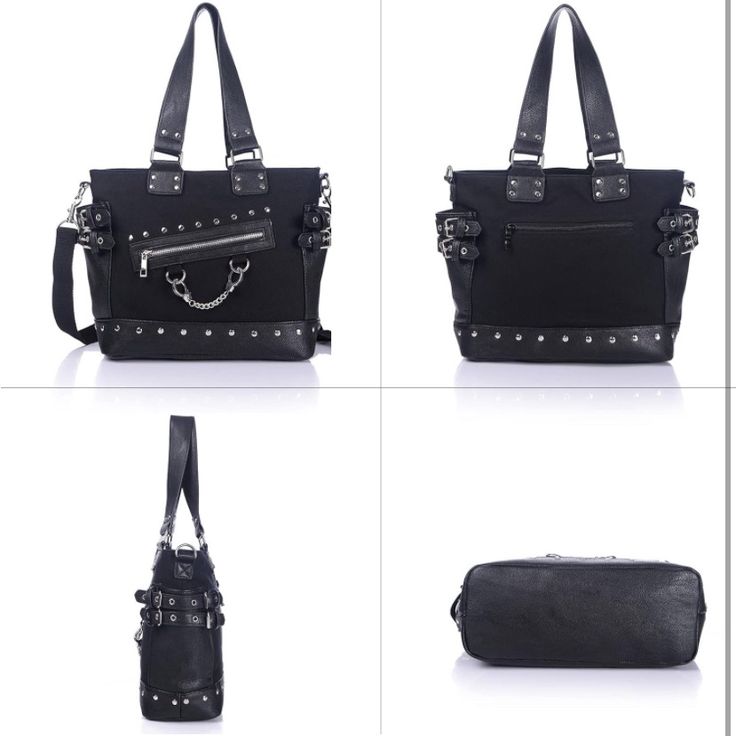 Brand New Gothic Tote Black Satchel With Hardware Details, Black Shoulder Bag With Metal Hardware, Black Shoulder Satchel With Hardware, Tote Bag With Metal Hardware For Everyday Use, Black Hobo Bag With Metal Hardware For Everyday Use, Black Shoulder Bag With Hardware For Daily Use, Handheld Bags With Metal Hardware For Daily Use, Black Handheld Shoulder Bag With Metal Hardware, Daily Use Tote Bag With Metal Hardware