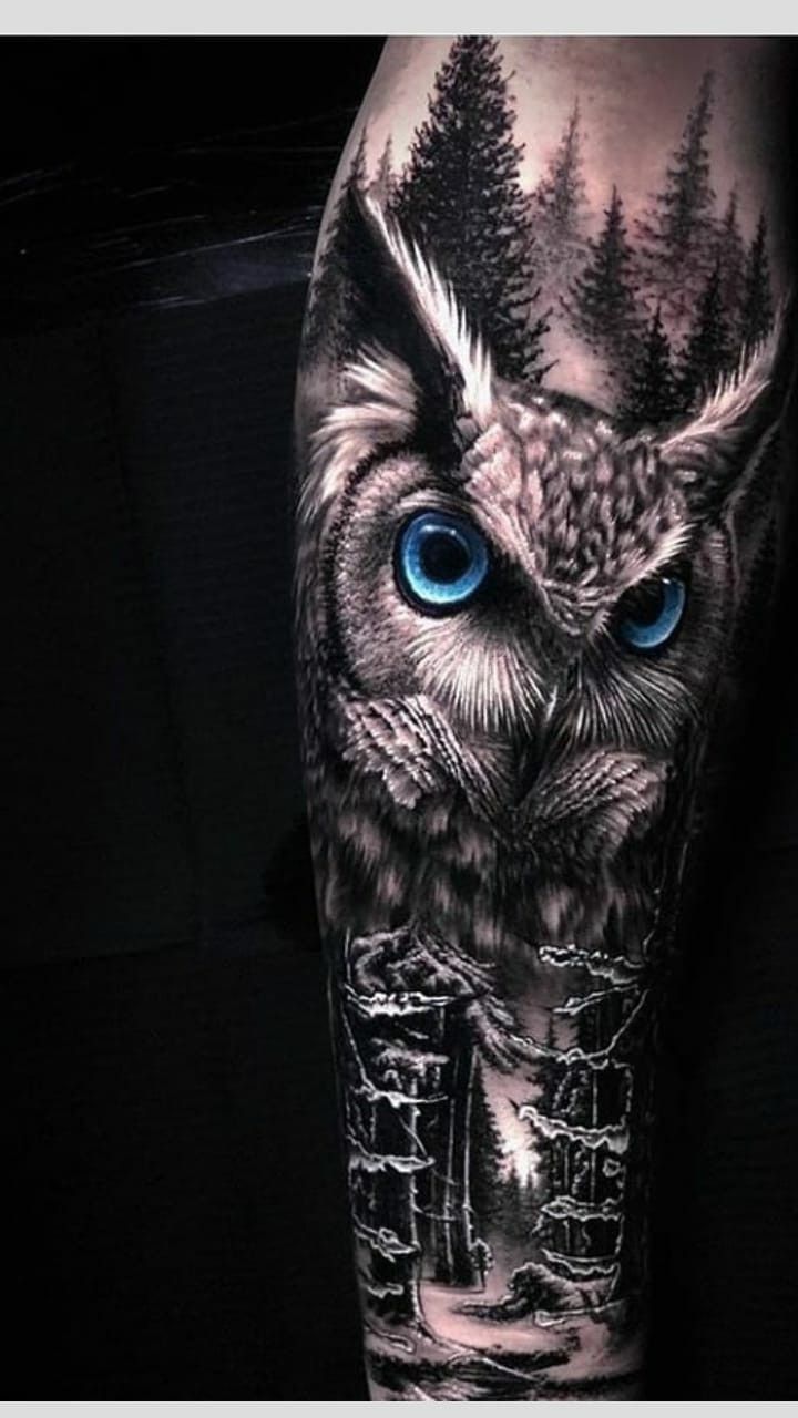 an owl with blue eyes and trees on his arm is shown in black and grey