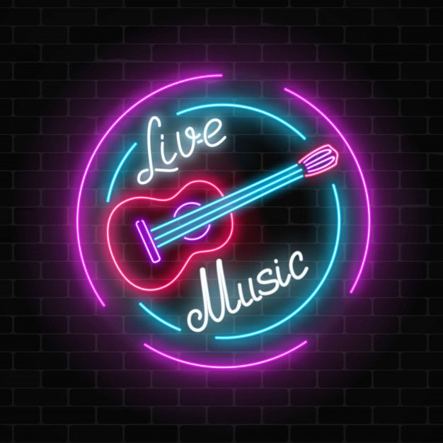 a neon sign that says live music with an acoustic guitar in the center on a brick wall