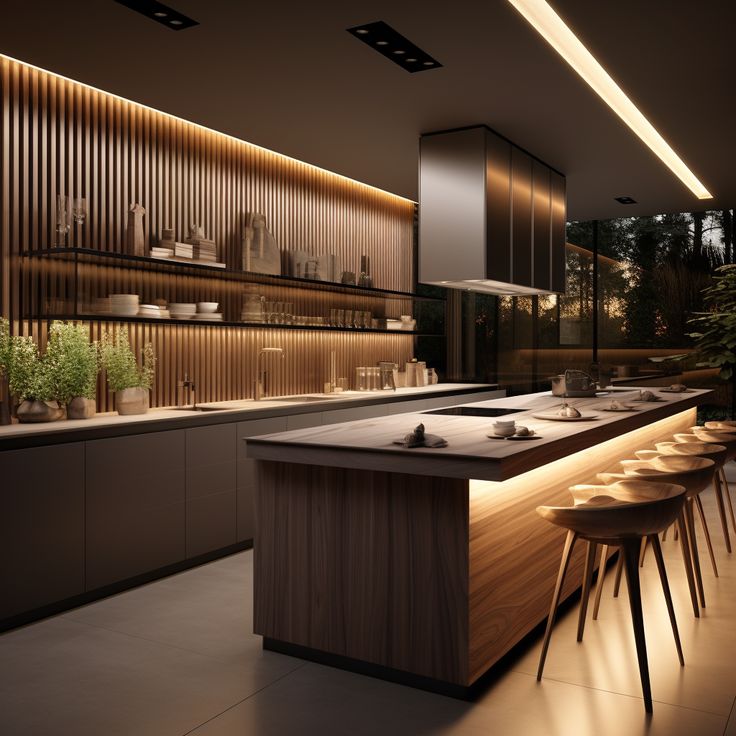 a modern kitchen with bar stools and wooden counter tops in the center, illuminated by recessed lighting