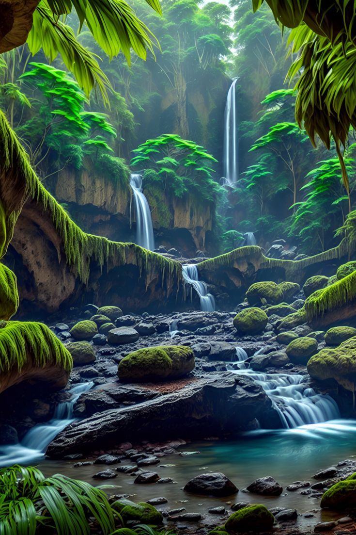 a stream running through a lush green forest filled with lots of trees and mossy rocks