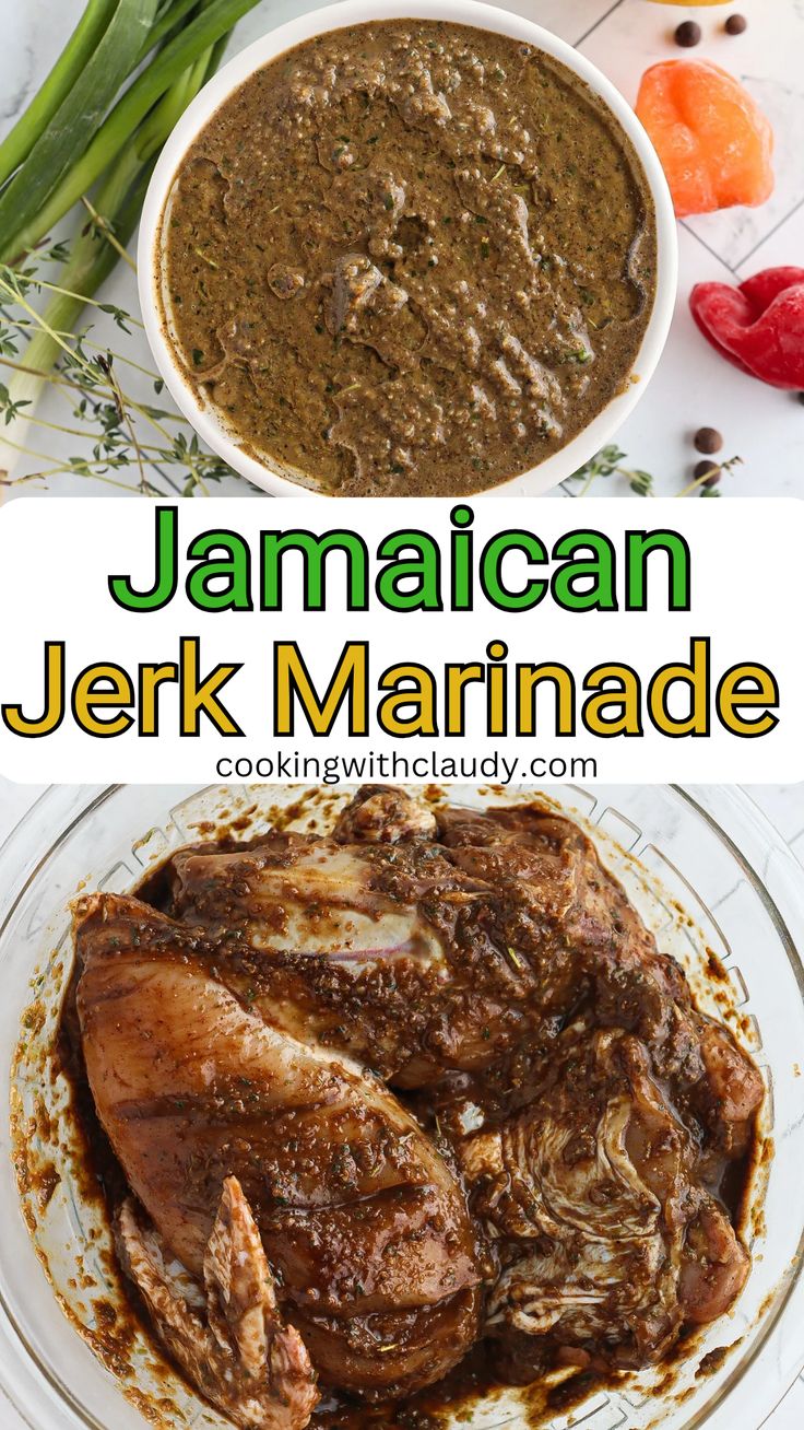 jamaican jelk marinade in a white bowl with green beans and carrots on the side