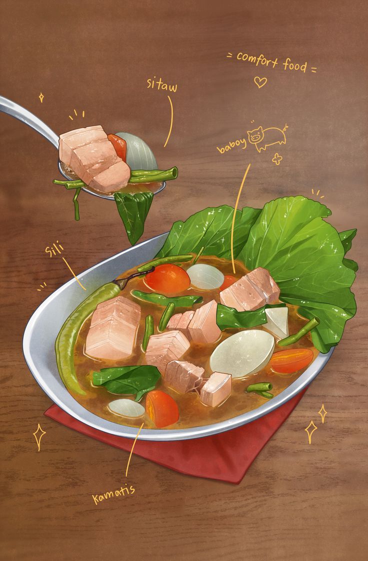 a painting of a bowl of soup with vegetables and meats in it on a wooden table