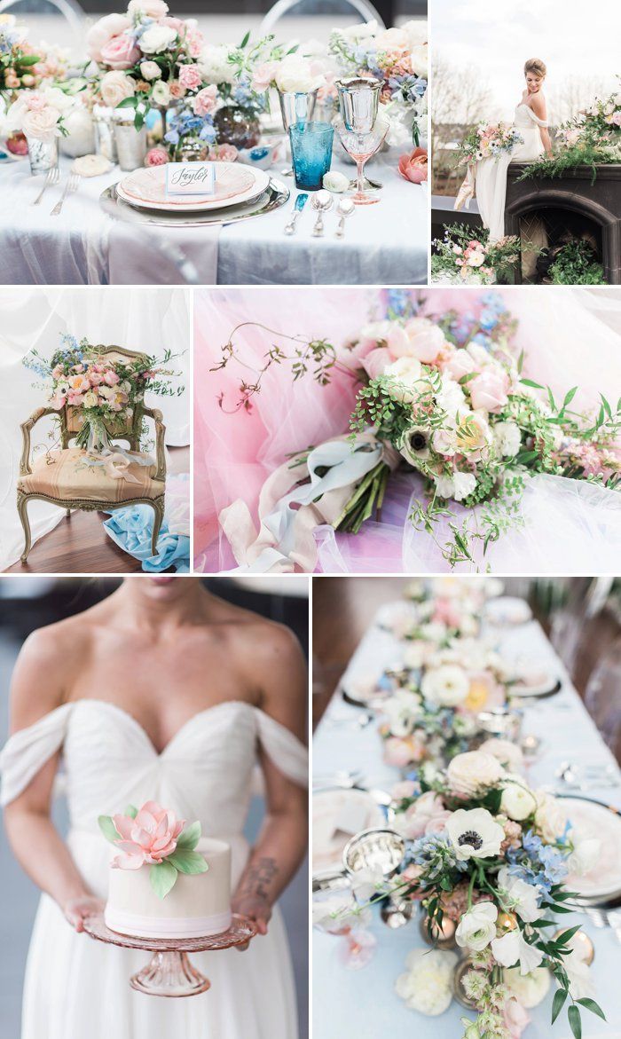 a collage of photos with flowers and greenery on the table in different colors