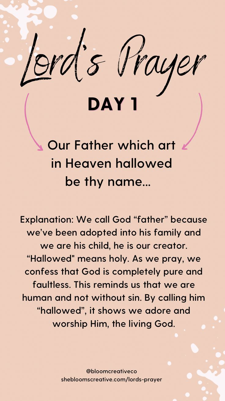 the words lord's prayer day 1 on a pink background with black and white ink