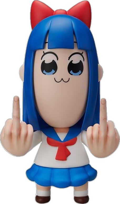 an action figure with blue hair and big eyes, wearing a red bow around her neck