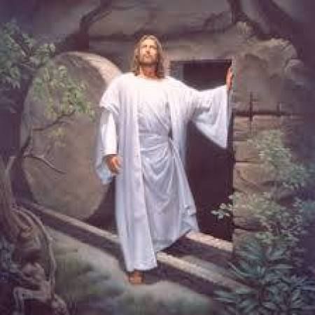 a painting of jesus standing on steps with his arms outstretched in front of him, surrounded by greenery