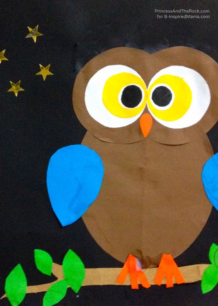 an owl is sitting on a branch with stars in the sky behind it, making a craft