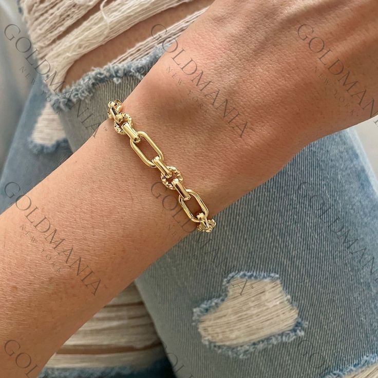 All Our Bracelets Are Made Of REAL 14K GOLD  14K Yellow Gold Oval And Round Link Chain Bracelet, 7.5" Inch, 6.3mm Thick, Real Gold Bracelet, Polished And Textured Links, Women  Shop our 14K Bracelets https://www.etsy.com/shop/GOLDMANIA?ref=seller-platform-mcnav§ion_id=26925987  Shop On Sale items https://www.etsy.com/shop/GOLDMANIA?ref=seller-platform-mcnav§ion_id=1  Metal: 14K Yellow Gold    Width: 6.3 MM  Length: 7.5 IN  Closure: Lobster claw Weight: 4.90 Gram   Hollow gold bracelet   SHIPPED Luxury Oval Link Chain Bracelet, Gold Bracelet With Box Chain For Formal Occasions, Yellow Gold Bracelet With Chain Link Strap, Tarnish Resistant Gold Oval Bracelet, Luxury Paperclip Chain Link Bracelet, Yellow Gold Chunky Chain Link Bracelet, Gold-plated Oval Gold Bracelets, Gold-plated Oval Bracelets, Gold Plated Oval Bracelet