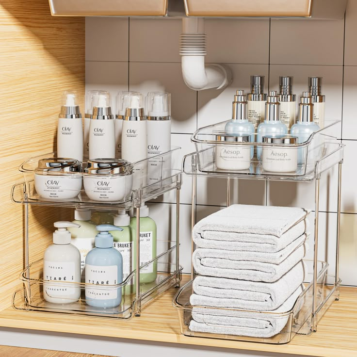 the bathroom is organized and ready to be used as a storage unit for personal care items