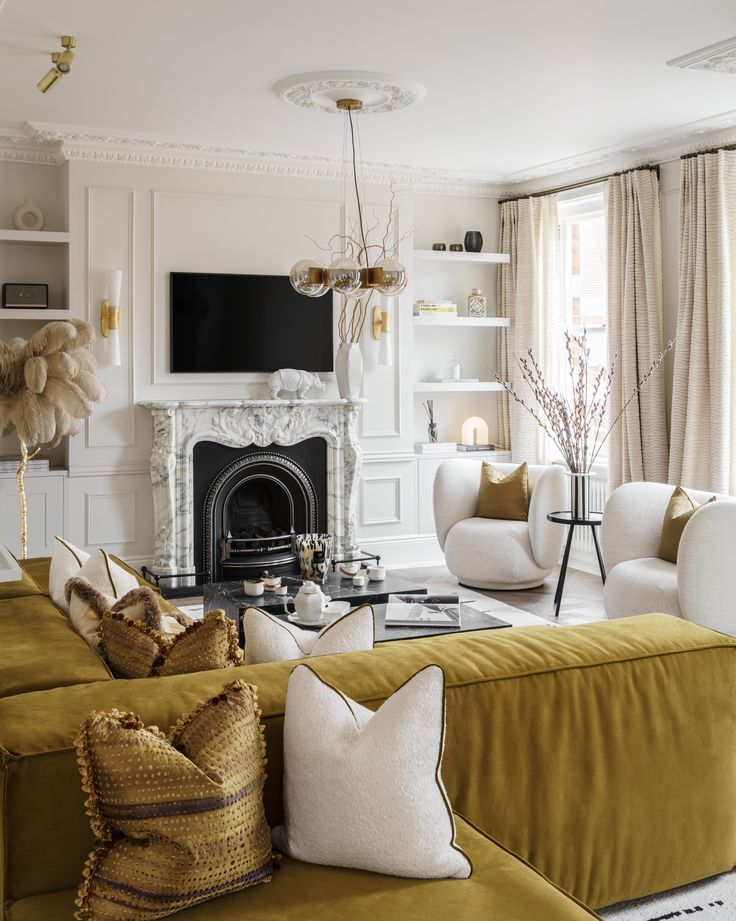 a living room filled with furniture and a fire place in front of a tv mounted on a wall