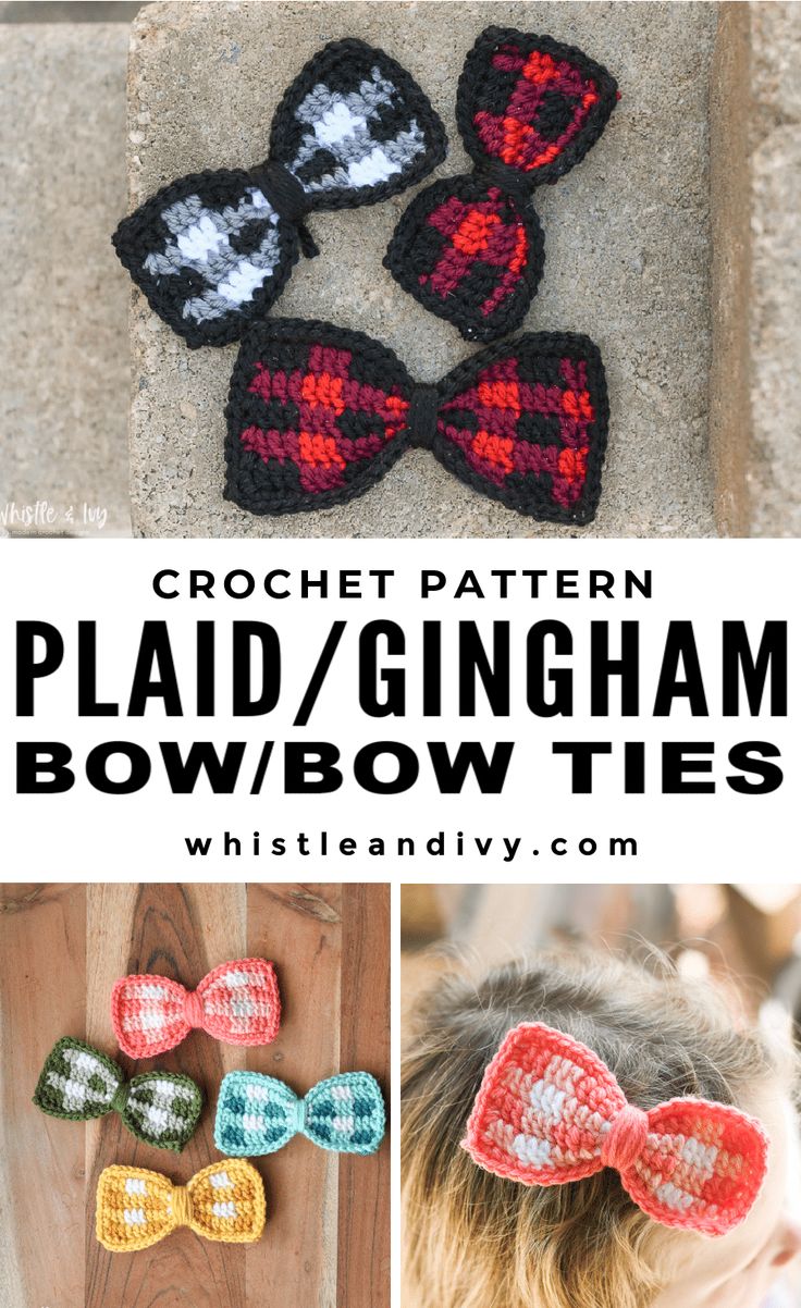 crochet pattern for plaid / gingham bow ties with text overlay