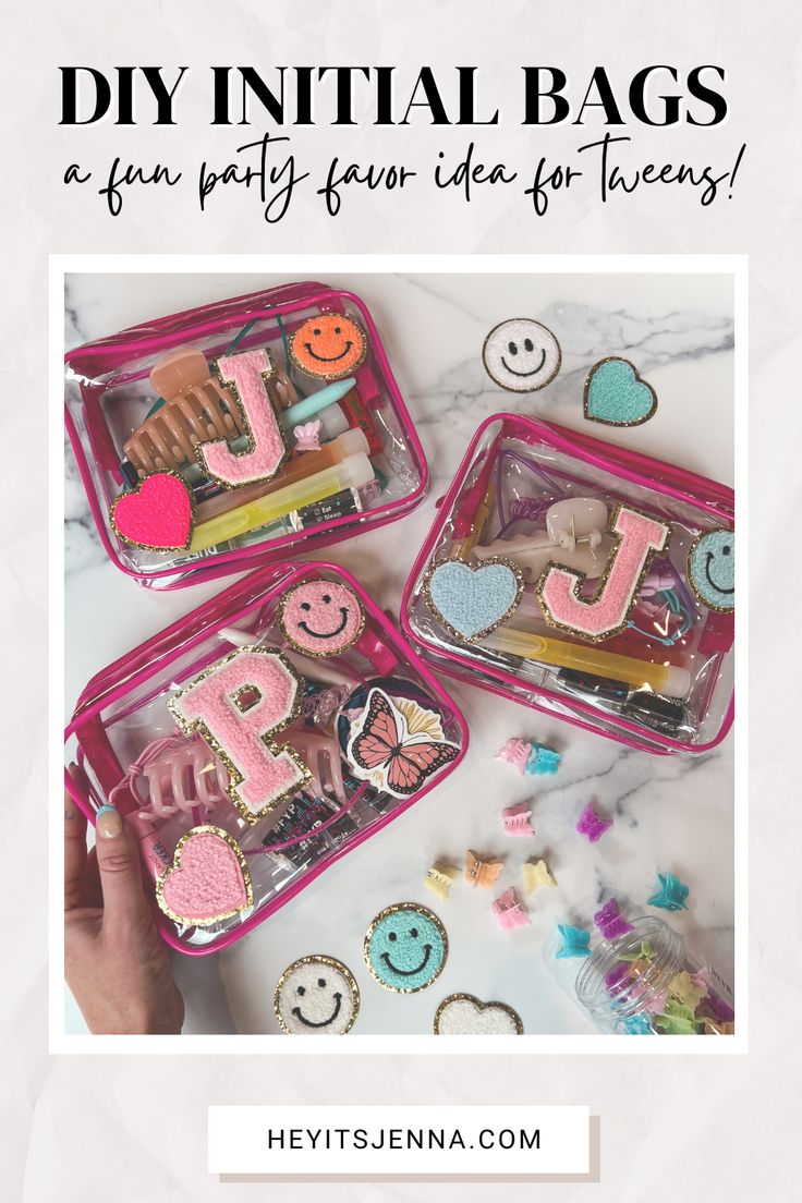 three pink bags filled with different types of buttons and magnets on top of a marble counter