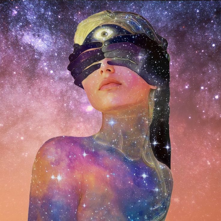 a woman with her eyes closed wearing a blindfold and stars in the sky behind her