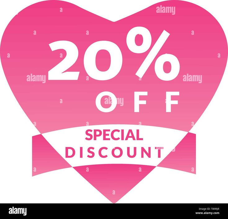 a pink heart with the words 20 % off special discount on it - stock image