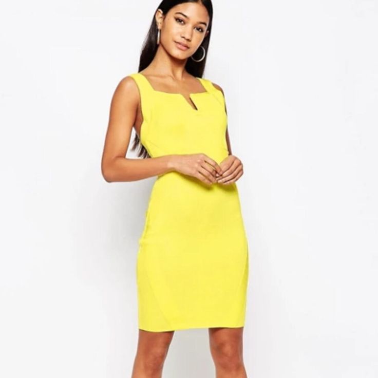 Wow Couture Thick Stretch Textured Fabric Square Neckline Boned V Front Zip Back Fastening Bodycon Fit Color: Yellow 90% Polyester, 10% Spandex New With Tags Retail $142 Measurements M: Underarm To Underarm 15” Waist 25” Length 36” Coral Bodycon Dress, Neck Bandage, V Neck Mini Dress, White Bodycon, Chevron Dress, Knitted Bodycon Dress, Form Fitting Dress, Lace Bodycon, Lace Bodycon Dress