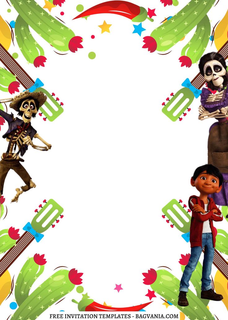 the frame is decorated with cartoon skeletons and mexican characters, as well as an empty space for