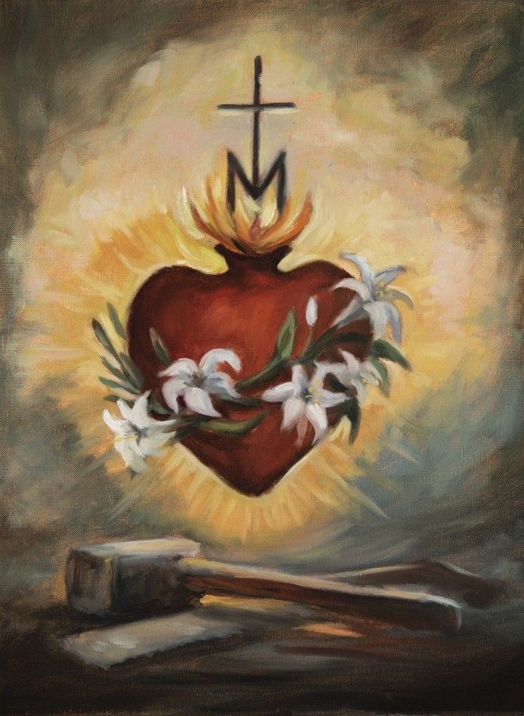 a painting of a heart with flowers and a cross