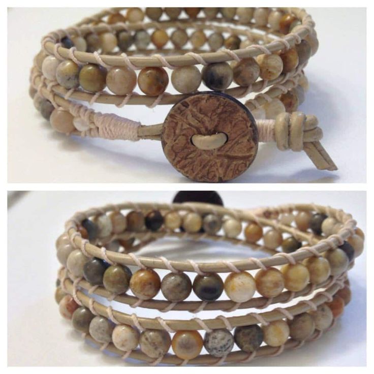 This double wrap bracelet features 6mm crazy lace agate round beads. Hand stitched to tan leather cord with matching heavy duty C-lon thread. The end is finished with a tan plastic button. Designed to fit a 7" wrist comfortably.  If you like this bracelet but need a smaller or larger size, please email me. I will be more than happy to make it in your size. Adjustable Earthy Hand Wrapped Bracelet, Earthy Adjustable Hand Wrapped Bracelet, Earthy Brown Wrap Bracelet With Round Beads, Rustic Adjustable Hand-wrapped Bracelet, Rustic Adjustable Wrap Bracelet, Rustic Adjustable Hand Wrapped Bracelet, Artisan Brown Wrap Bracelet With Round Beads, Adjustable Hand-strung Brown Leather Bracelet, Earthy Hand-strung Brown Wrap Bracelet