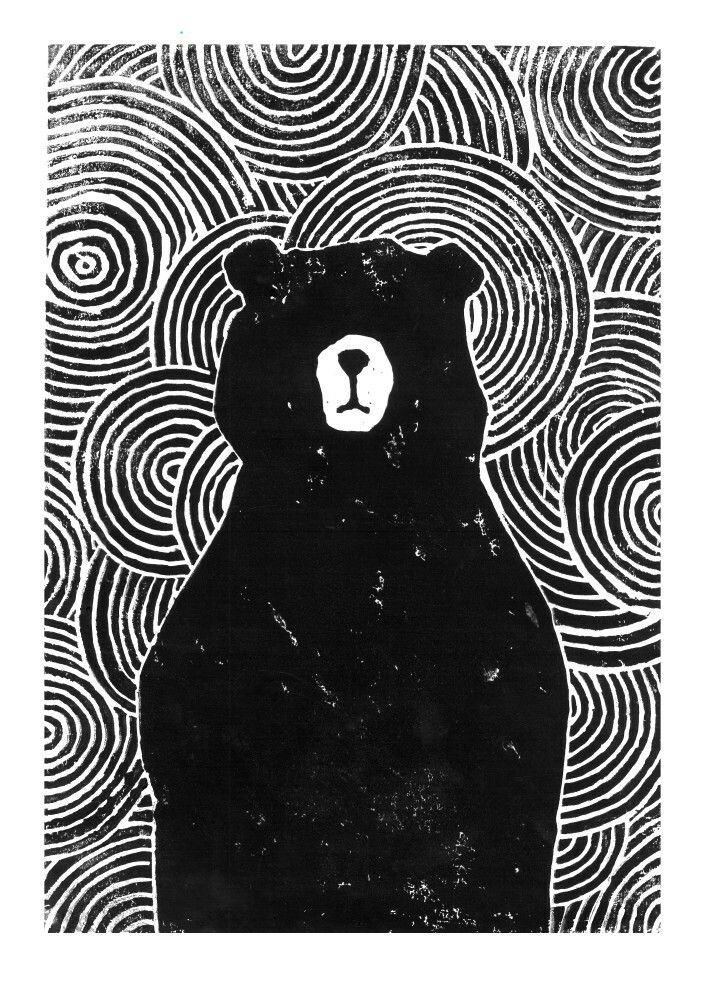 a black and white drawing of a bear in front of an abstract background with circles