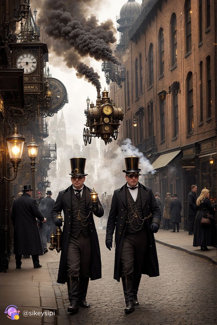 two men in top hats are walking down the street with steam pouring out of their mouths