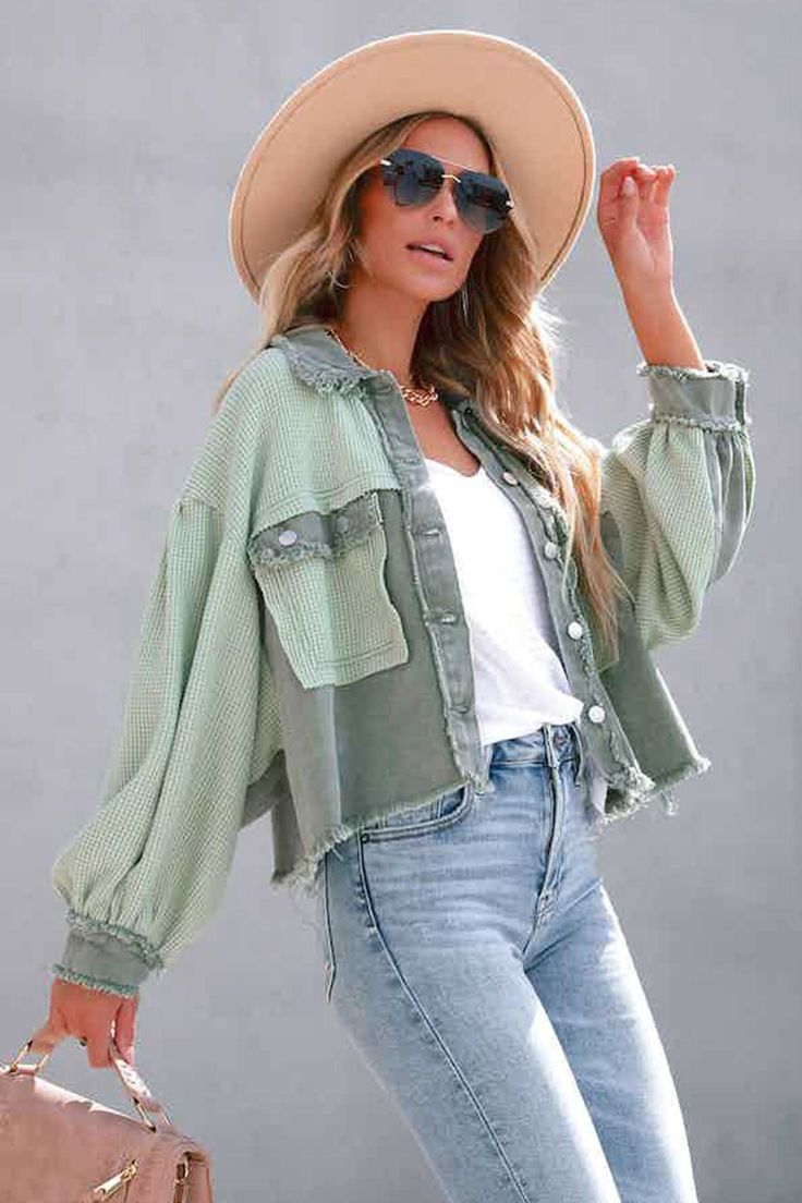 Color: Green, Size: L Patchwork Denim Jacket, Stile Boho Chic, Elegant Blazers, Cardigan Oversized, Cozy Coats, Textured Jacket, Patchwork Jacket, Denim Patchwork, Vintage Glamour