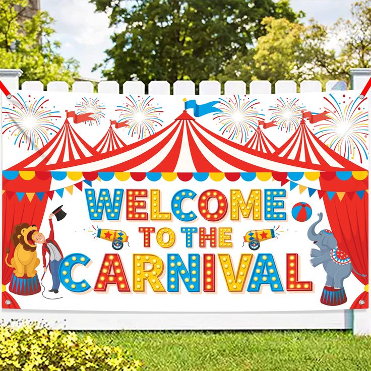 a welcome to the carnival sign with an elephant and lion on it's side