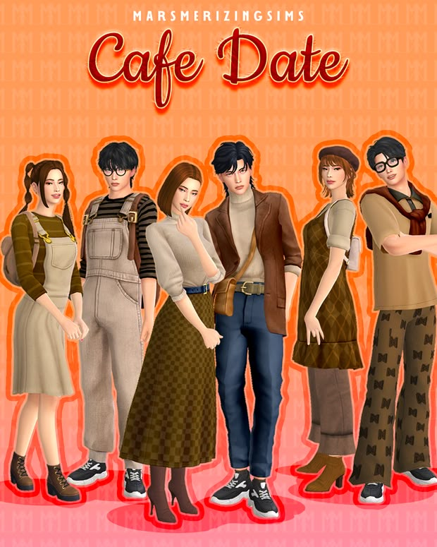 some people are standing next to each other in front of an orange background with the words cafe date on it