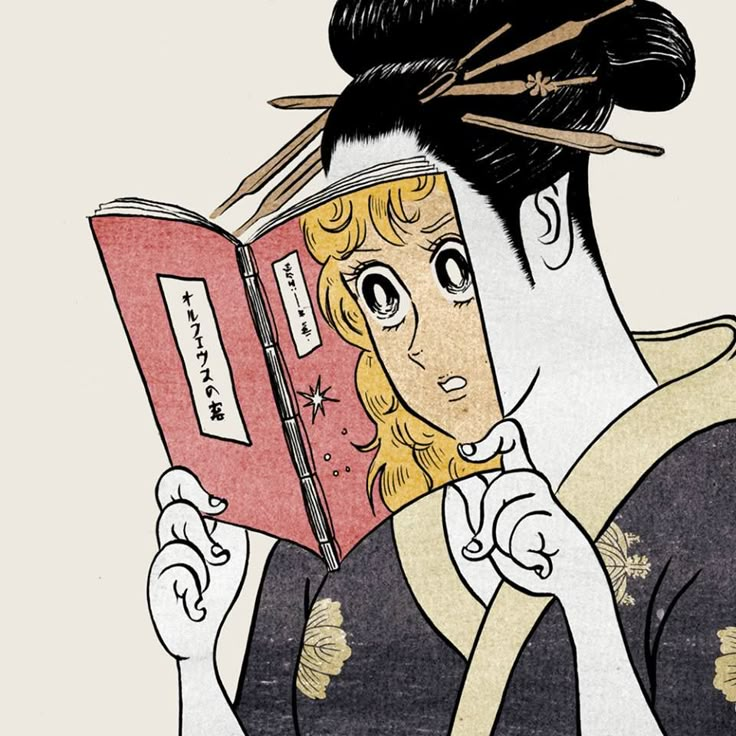 an illustration of a woman reading a book with chopsticks sticking out of her hair